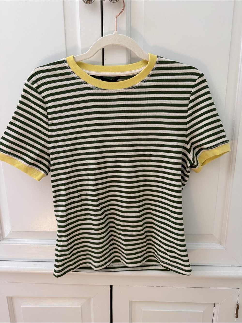 ZARA Green and White Striped Tee with Yellow Collar